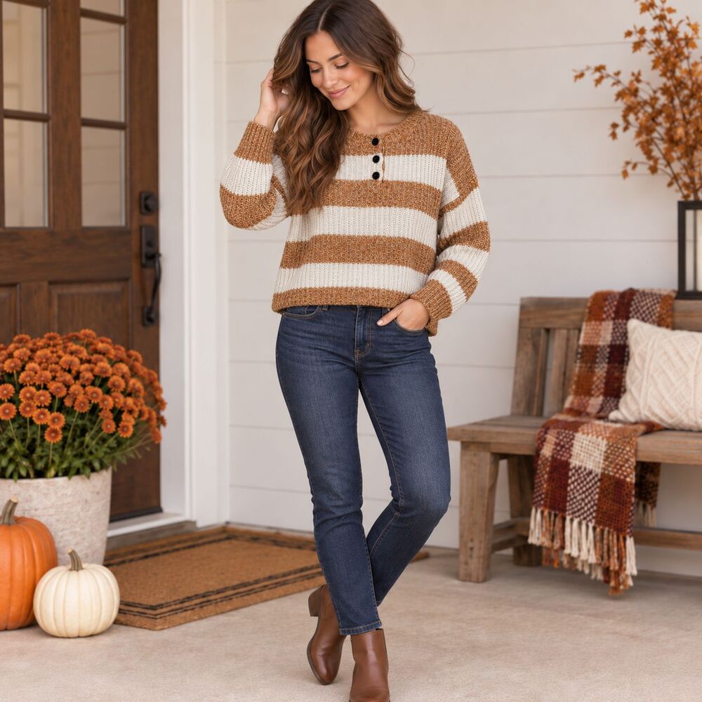 American Eagle Sweater Womens Medium Brown Stripe Henley Knit Long Sleeve